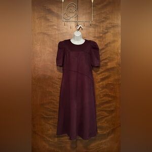 Anne Klein Short Puff Sleeve Faux Suede Fall Midi Dress Womens 12 Plum Purple